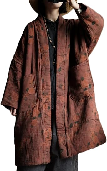 NFYM Womens Quilted Jacket, Printed Open Front Kimono Coat with Pockets, Long Sleeve Loose Fit Coat