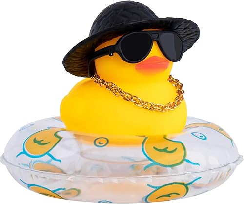 wonuu Pato de goma para automóvil, decoración de pato amarillo con sombrero de sol, anillo de natación, collar de gafas de sol para decoración de