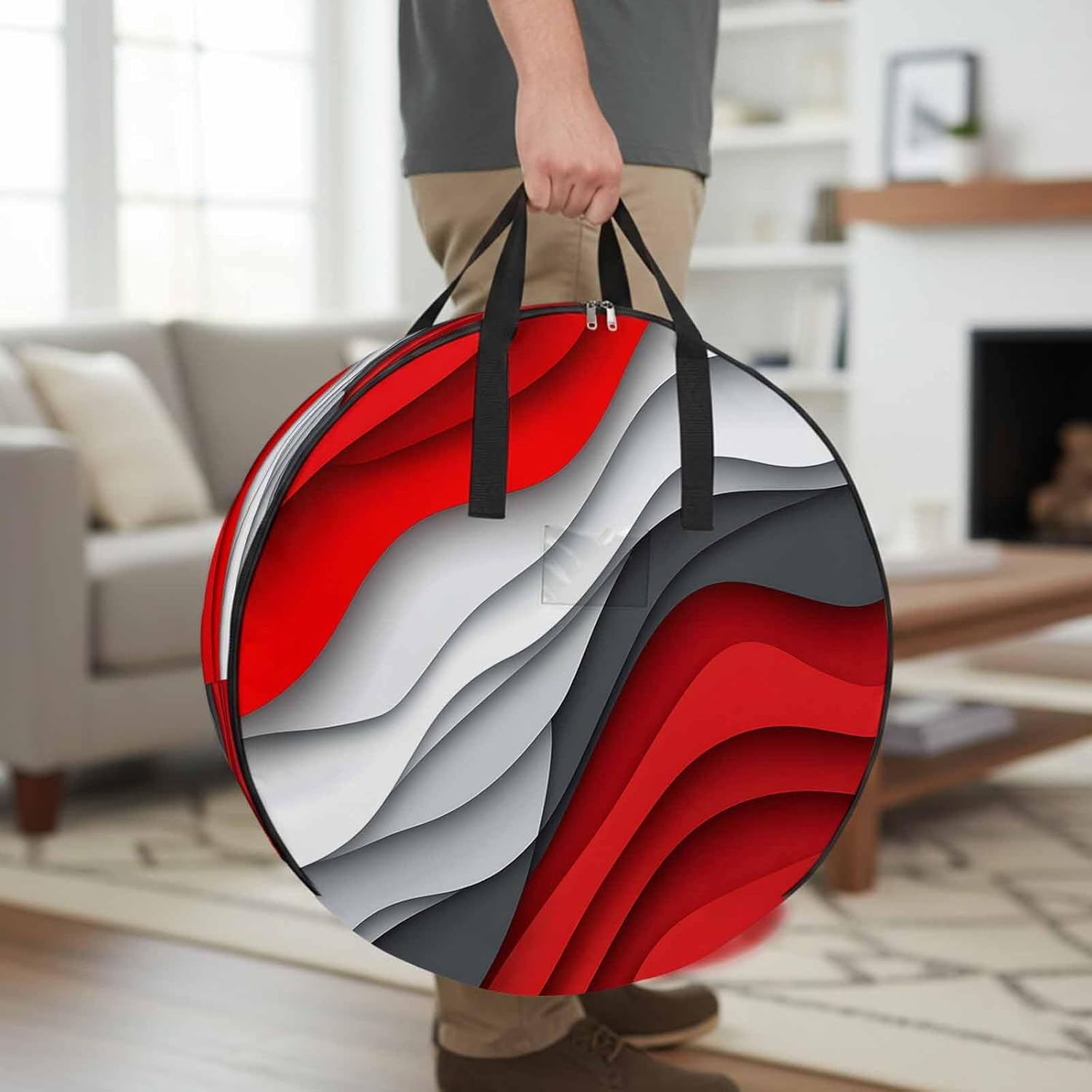 Red Grey Waves Round Storage Bag 36 Inch, Abstract Water Ripple Modern Gradient Clothes Storage Container with Handles Heavy Duty Organizer for Comforter, Bedding & Holiday Wreaths