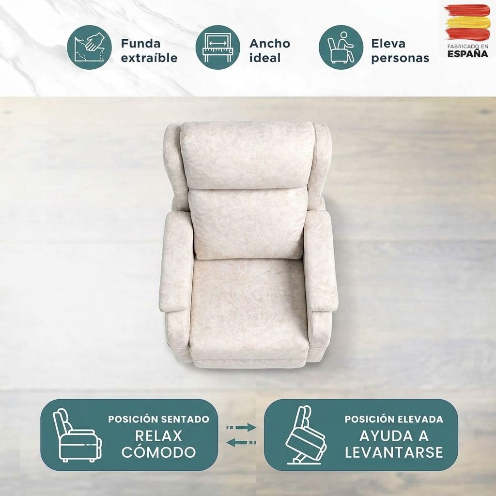 HOME&SOFAS SI | Sillón Relax Reclinable Eléctrico Levanta Personas | Modelo Mónaco | Sillón De 68 Cm De Ancho | Sillón Desenfundable con Reposapiés para Una Lectura Cómoda | Color Beige Claro