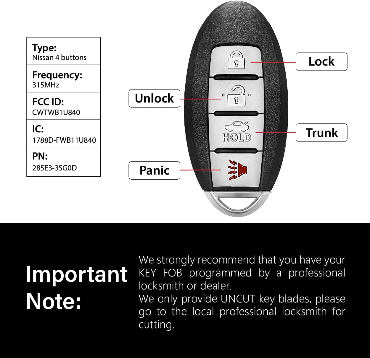 2 Keylessbest Replacement for 2013-2019 Nissan Sentra Versa Leaf Key Fob Remote Control CWTWB1U840 4 Buttons 315MHz