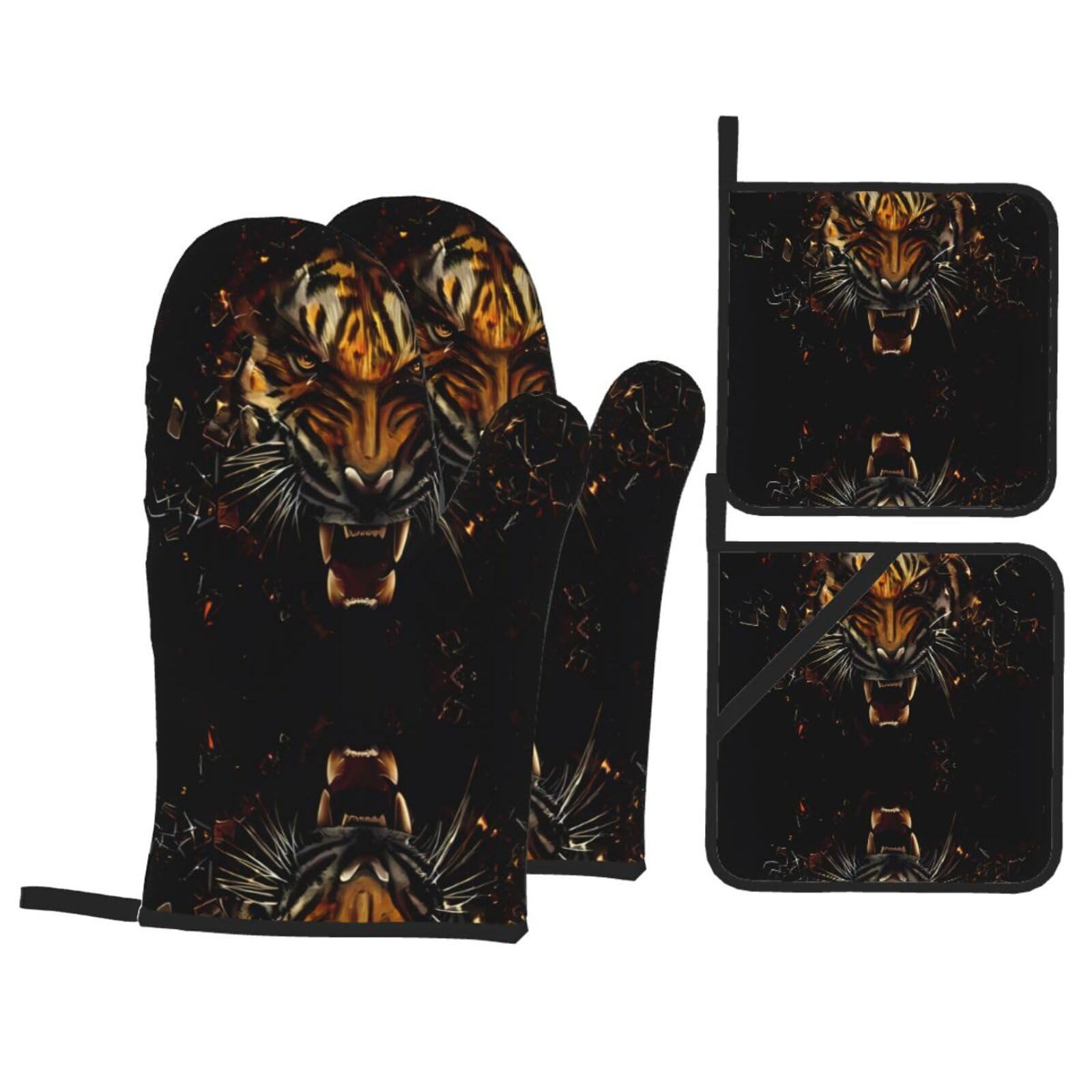 WHJDPP Ferocious Tiger Prints Kitchen Baking 4-Piece Set with Heat Resistant Pot Holders & Oven Mitts - Waterproof Layer for Easy Clean, Great for Grilling & Baking