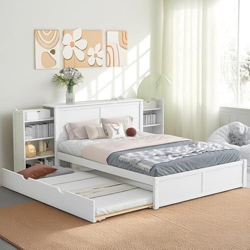 LINKHOO Queen Size Storage Platform Bed with Pull Out Shelves & Twin XL Trundle - No Box Spring Required, White