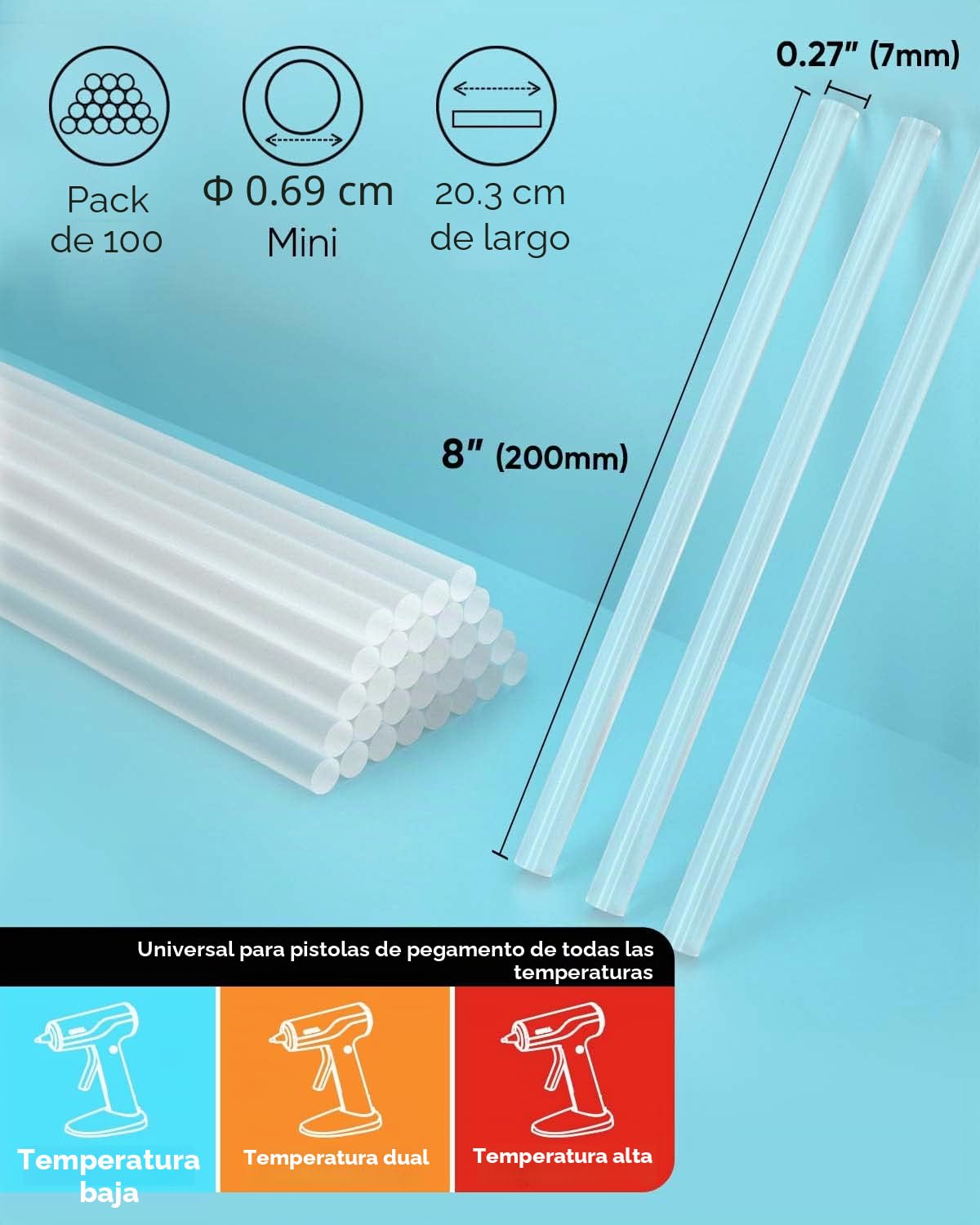 SHALL Mini barras de pegamento caliente, 7 mm x 200 mm, paquete de 100 barras de pistola de pegamento caliente transparentes, versátiles para niños y adultos para hacer bricolaje