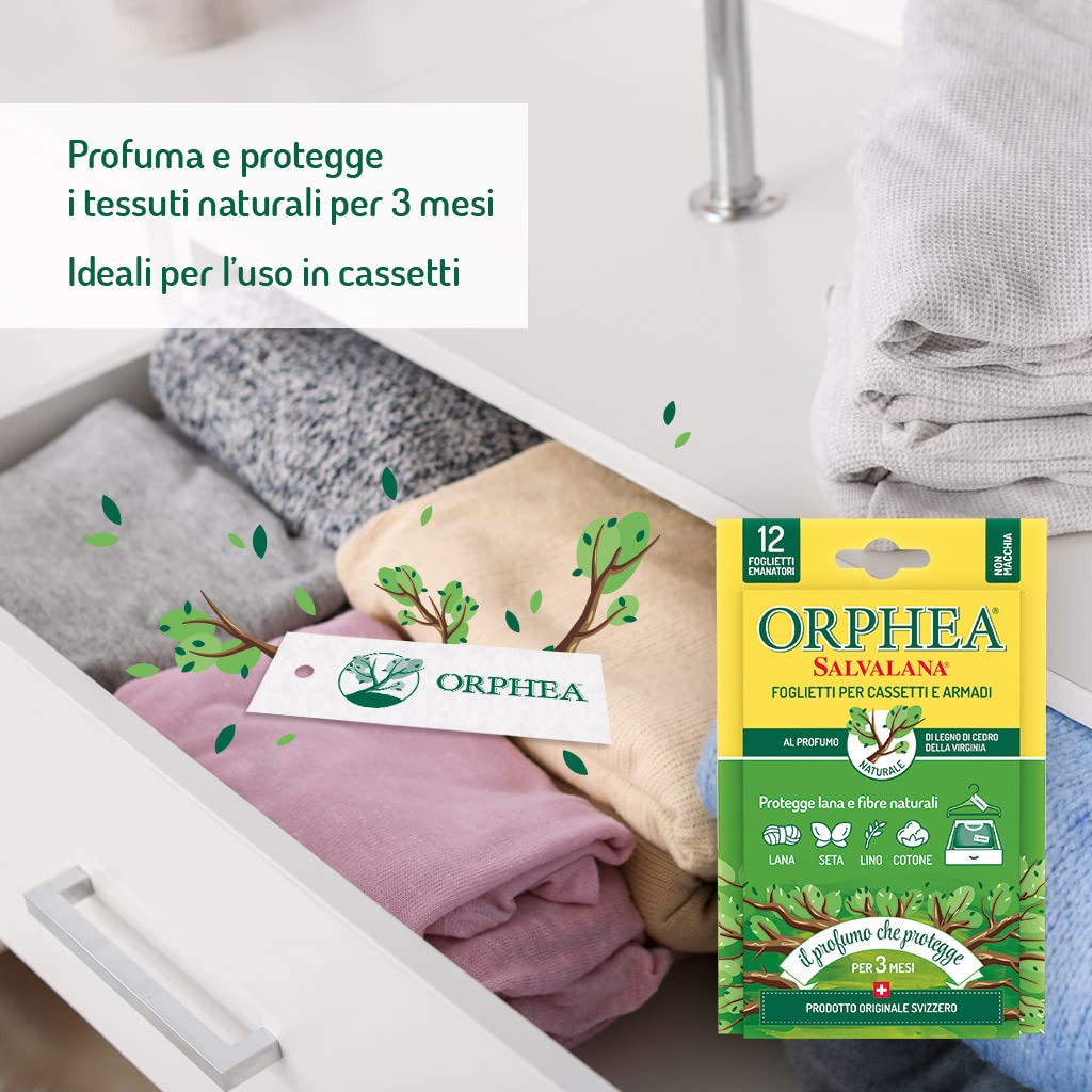 Orphea Salvalana, Foglietti per Cassetti e Armadi, Protegge Lana e Vestiti Tutta la Stagione, Profumo di Legno di cedro, agisce per 12 settimane - 15 Foglietti Emanatori