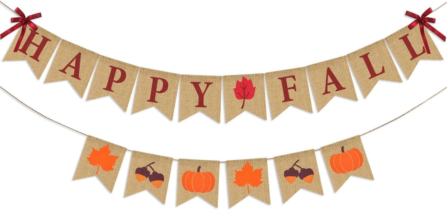 Thanksgiving Fall Decorations, Happy Fall Burlap Banner and Autumn Pumpkins Maple Leaves Acorn Garlands Bunting, Mantel Fireplace Decor