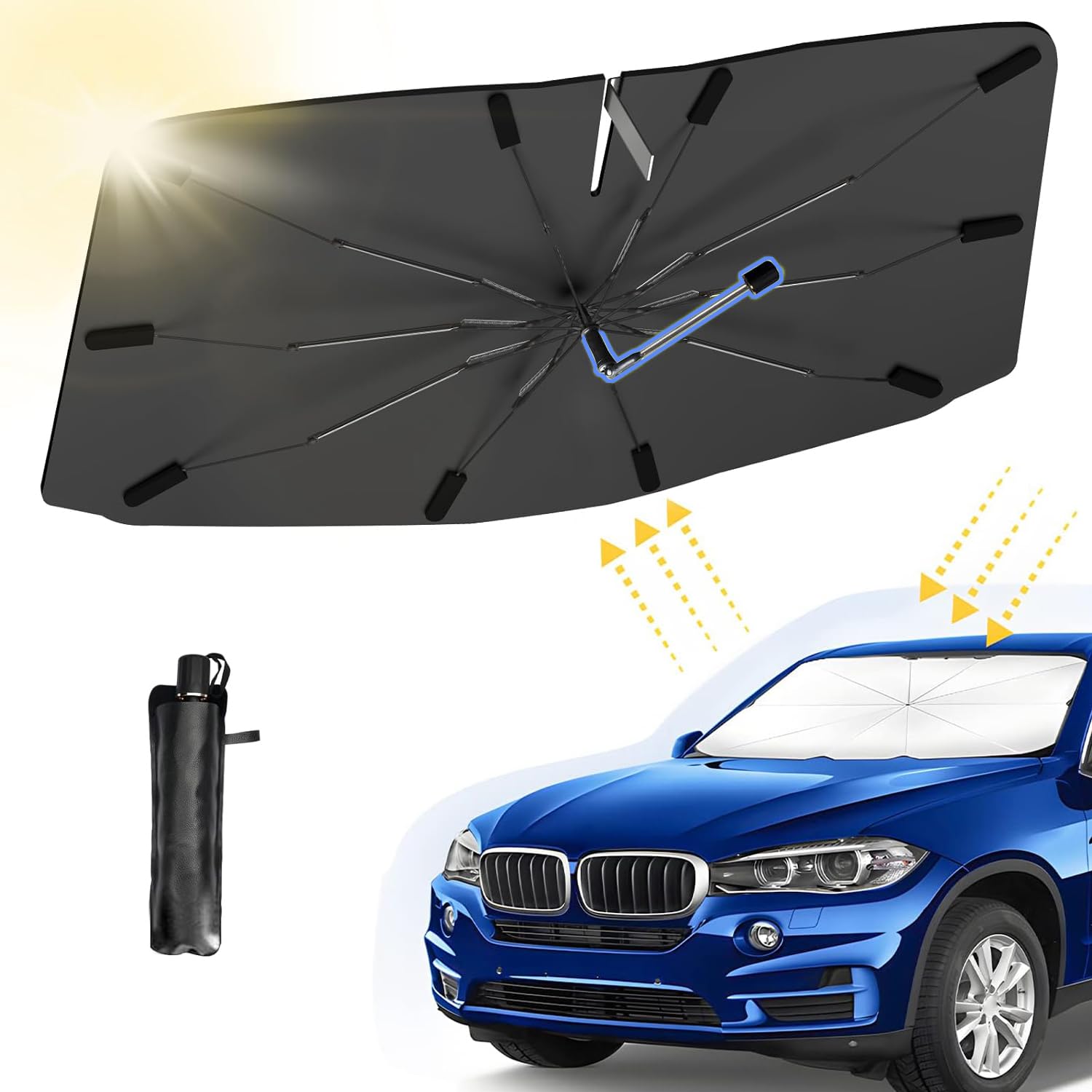 Parasol Parabrisas Delantero para Coche, Parasol Plegable de Coche, Parasol Coche Paraguas,Parasoles Coche Luna Delantera,Anti UV Rayos,Eje Giratorio de 360° Protege tu Coche de arañazos,140x79 cm, A