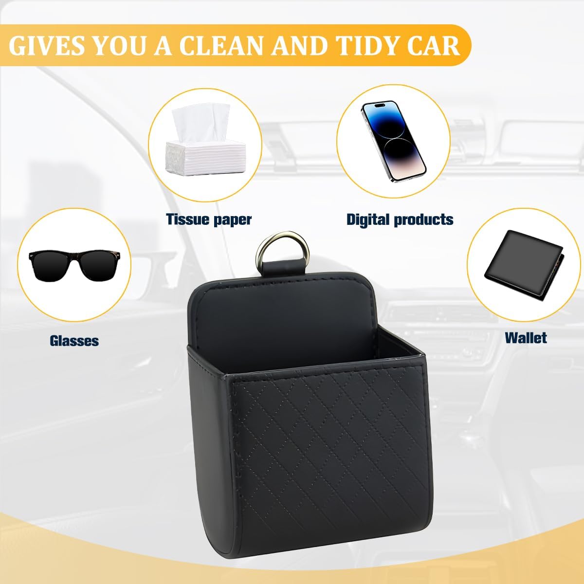 Car Vent Storage Bag, Leather Vehicle Dashboard Tidy Storage Hanging Case with Hook for Key Coin Cell Phone, Automotive Hanging Organizer Pocket Accessories, Universal Fit (Black)