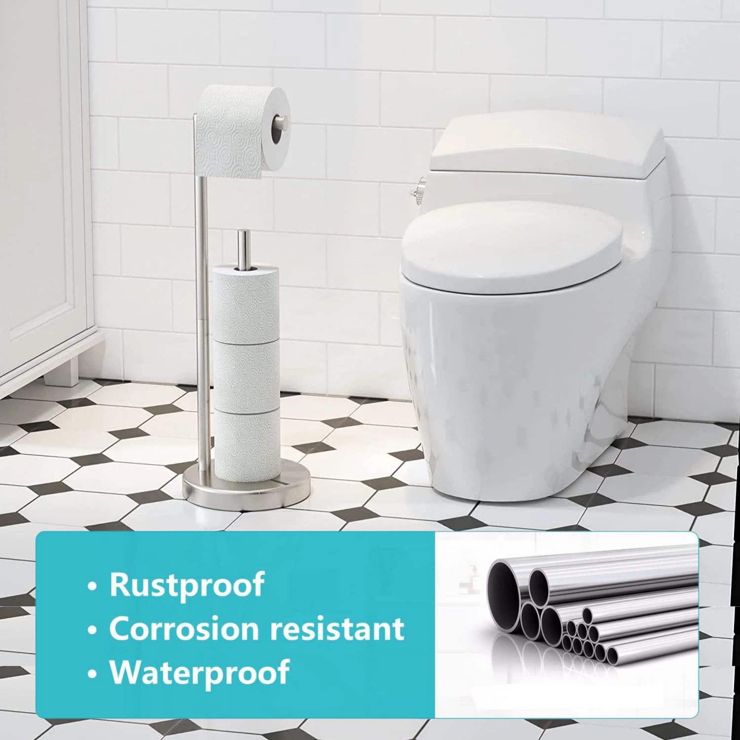 Free Standing Toilet Roll Holder Waterproof Rustless Stainless Steel Bathroom Accessory Toilet Paper Holder with Screws Installation Anti-Slip weighted base kitchen roll holder with Storage - Image 4