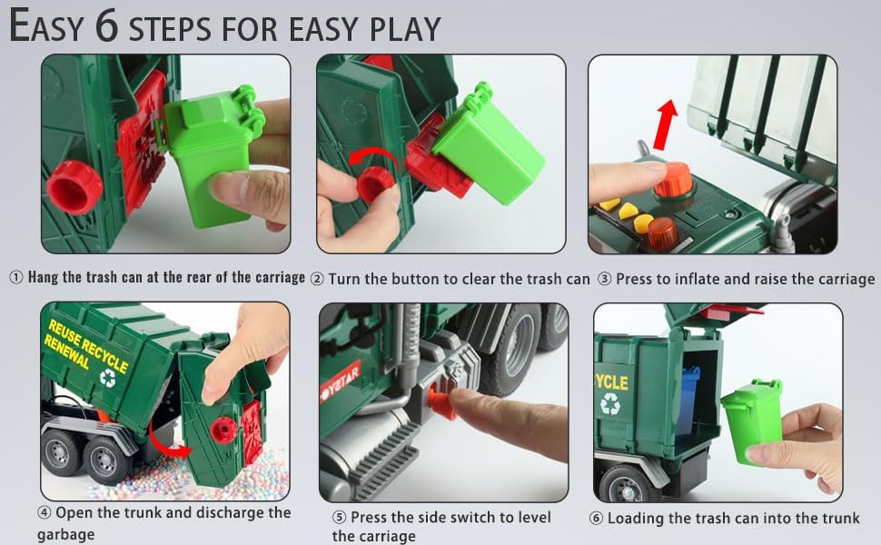 Miniatura 2 de CSDCSD Camión de basura grande de 15 pulgadas, camión de basura de gestión de residuos alimentado por fricción con luces y sonidos, 3 botes de