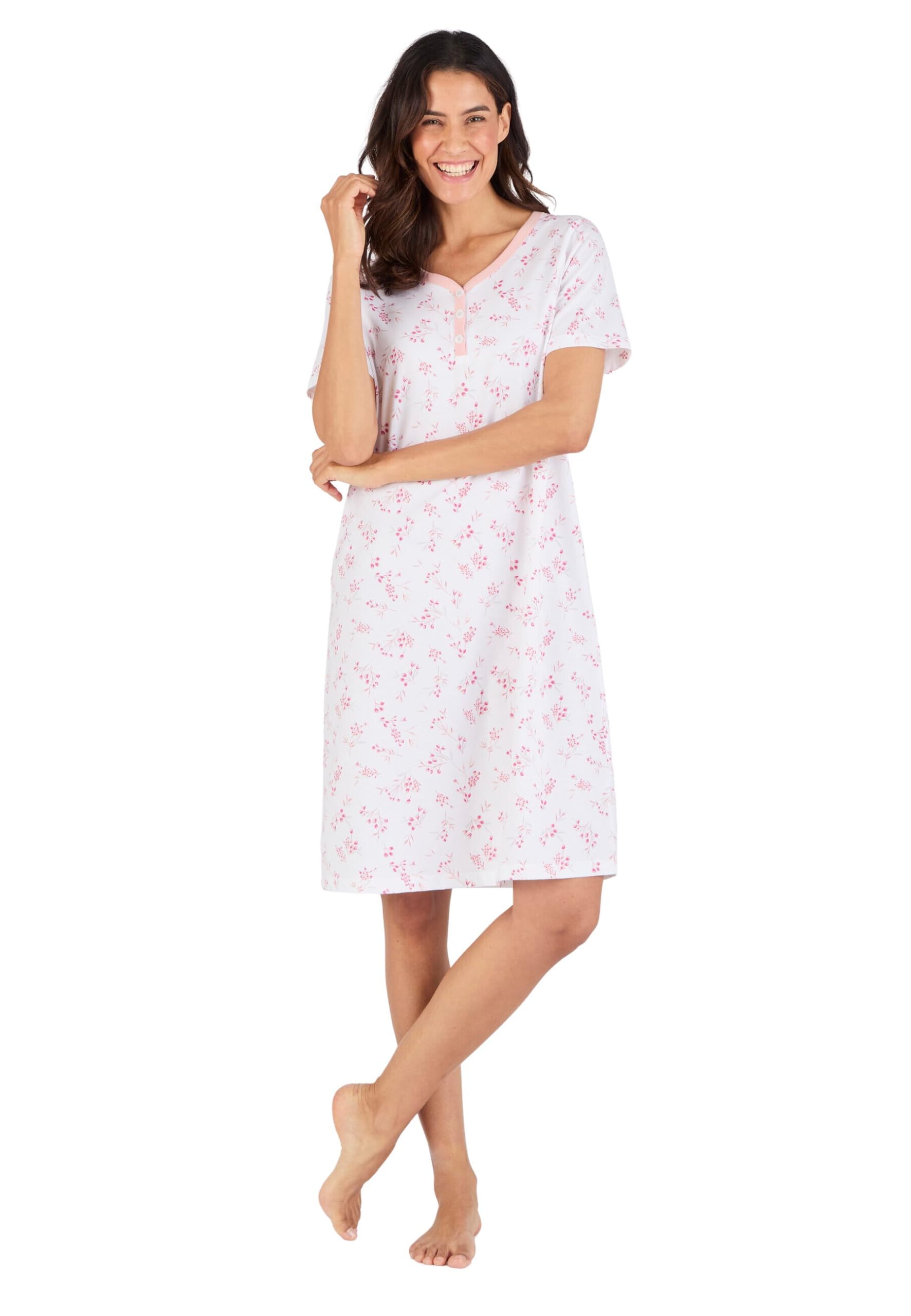 Damart - Short Sleeve Jersey Nightdress, Pink Flowers, 14/16