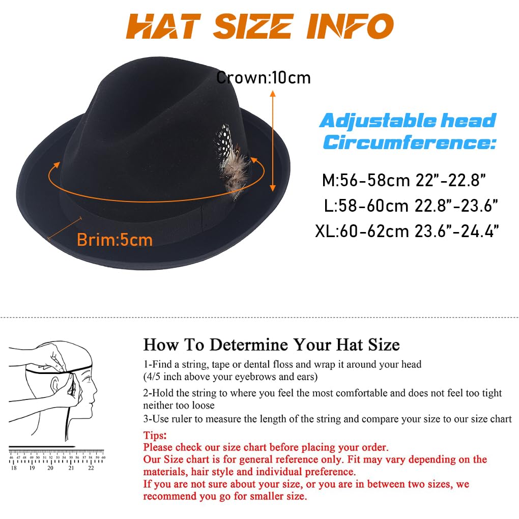Ruphedy Fedora Cappelli per Uomo Donna Lana Tesa Larga Feltro Panama Fedora Hat