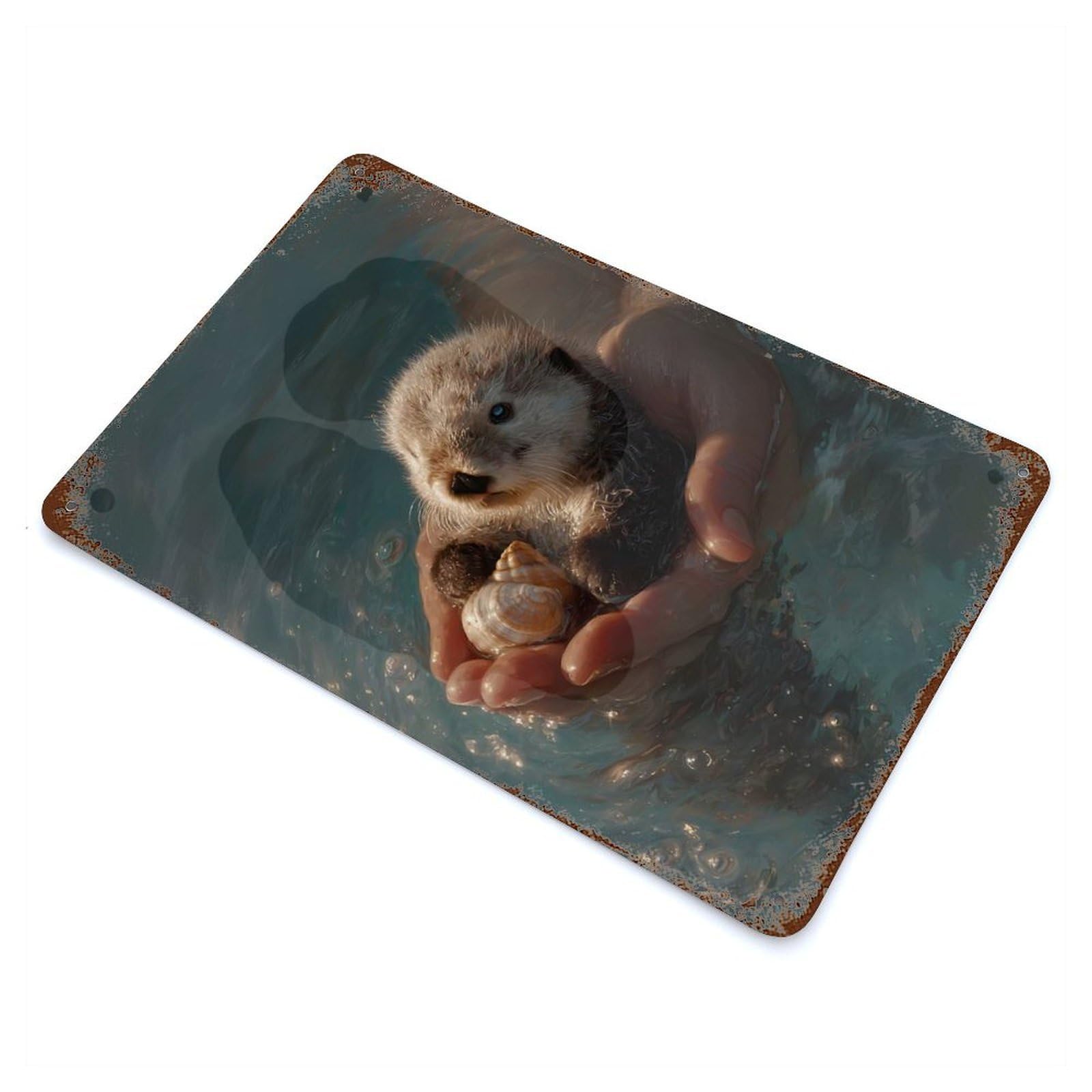 Cute Otter Pup in Hands 11.8"x7.9" Rusty Metal Tin Sign, Shabby Chic Decor for Bistro, Counter And Cafe Decor