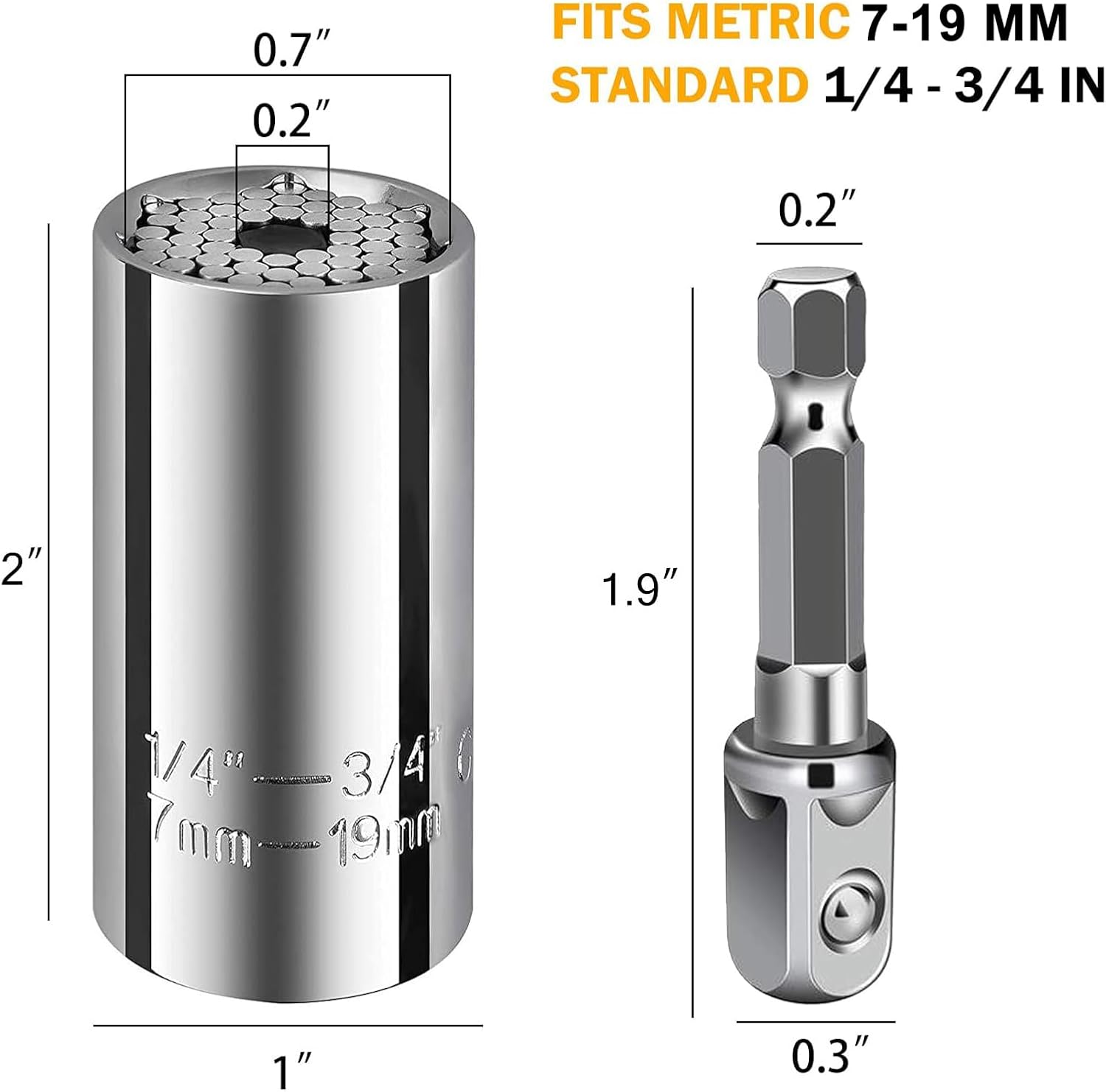 2 PCS Universal Socket Tool,Super Socket Unscrew Any Bolt, Adjustable Socket Drill with Adapter，1/4"-3/4" (7mm to 19mm)