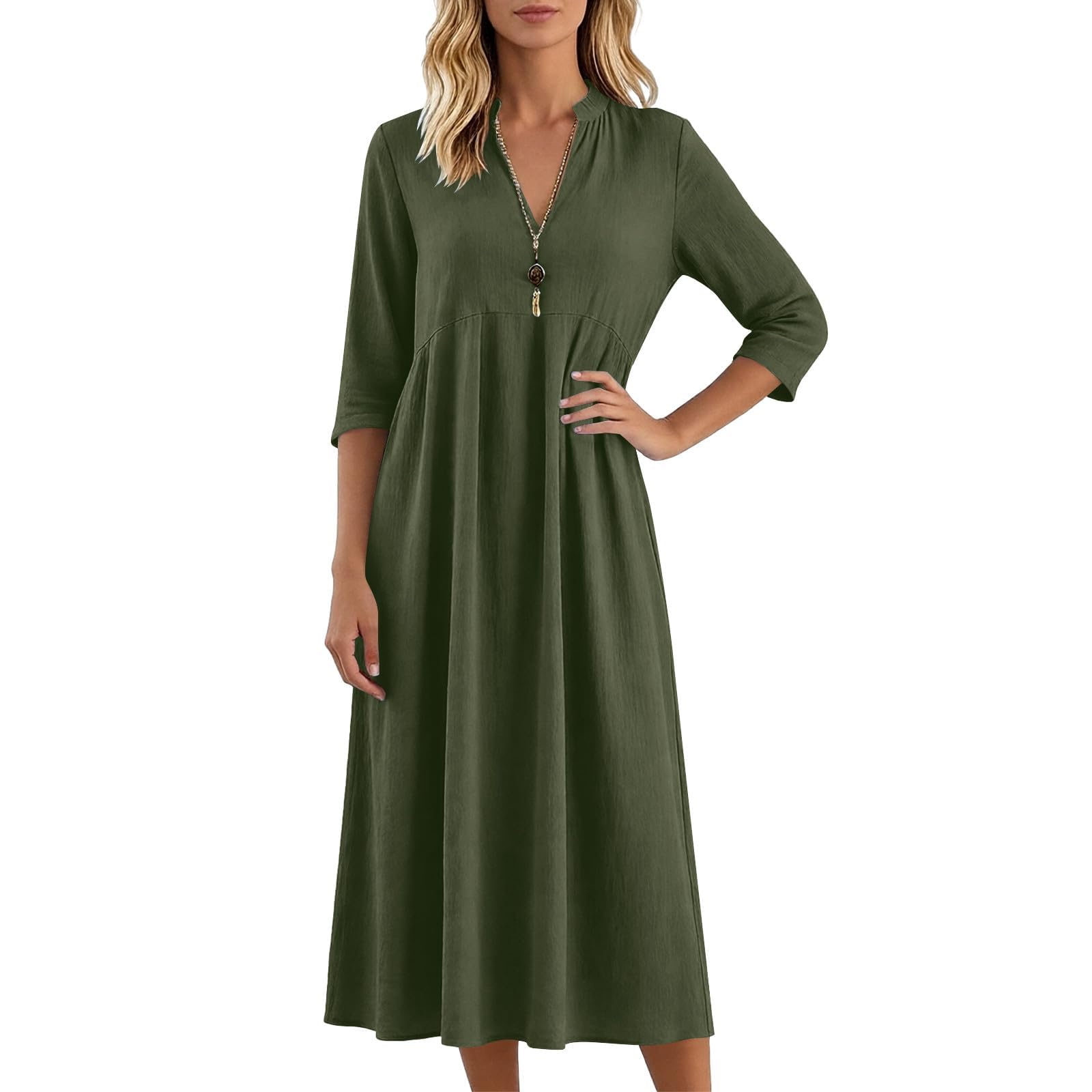 Robe De Soiree Femme, Robes Midi Fluide en Lin Uni pour Femmes Élégante Col V Manches 3/4 avec Poche Été Robe Blanche Femme Chic Et Elegant