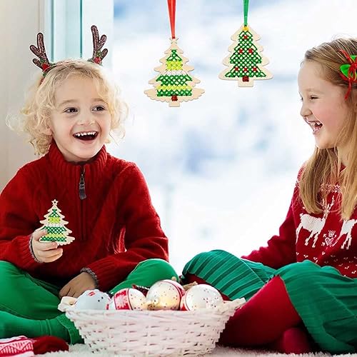 Miniatura 3 de Juego de 10 piezas de punto de cruz de madera para Navidad, adornos de madera para colgar en Navidad, decoraciones navideñas para árbol de Navidad,