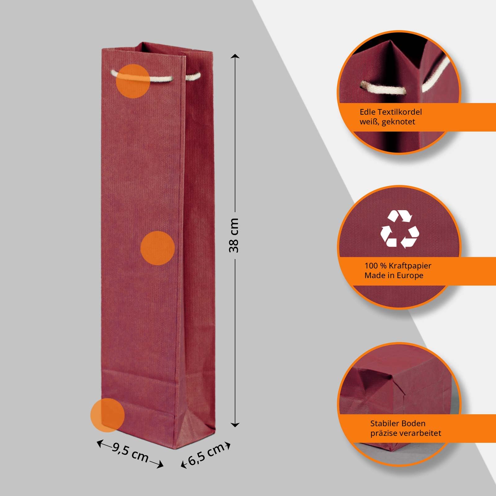 100 x Flaschentaschen rot 9,5+6,5x38 cm | Flaschentüten | Geschenktüte Flasche Wein | Weintaschen | HUTNER
