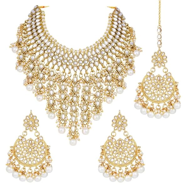 Aheli Indian Traditional Ethnic Bollywood Kundan Necklace Earrings and Maang Tikka Set Jewelry for Women