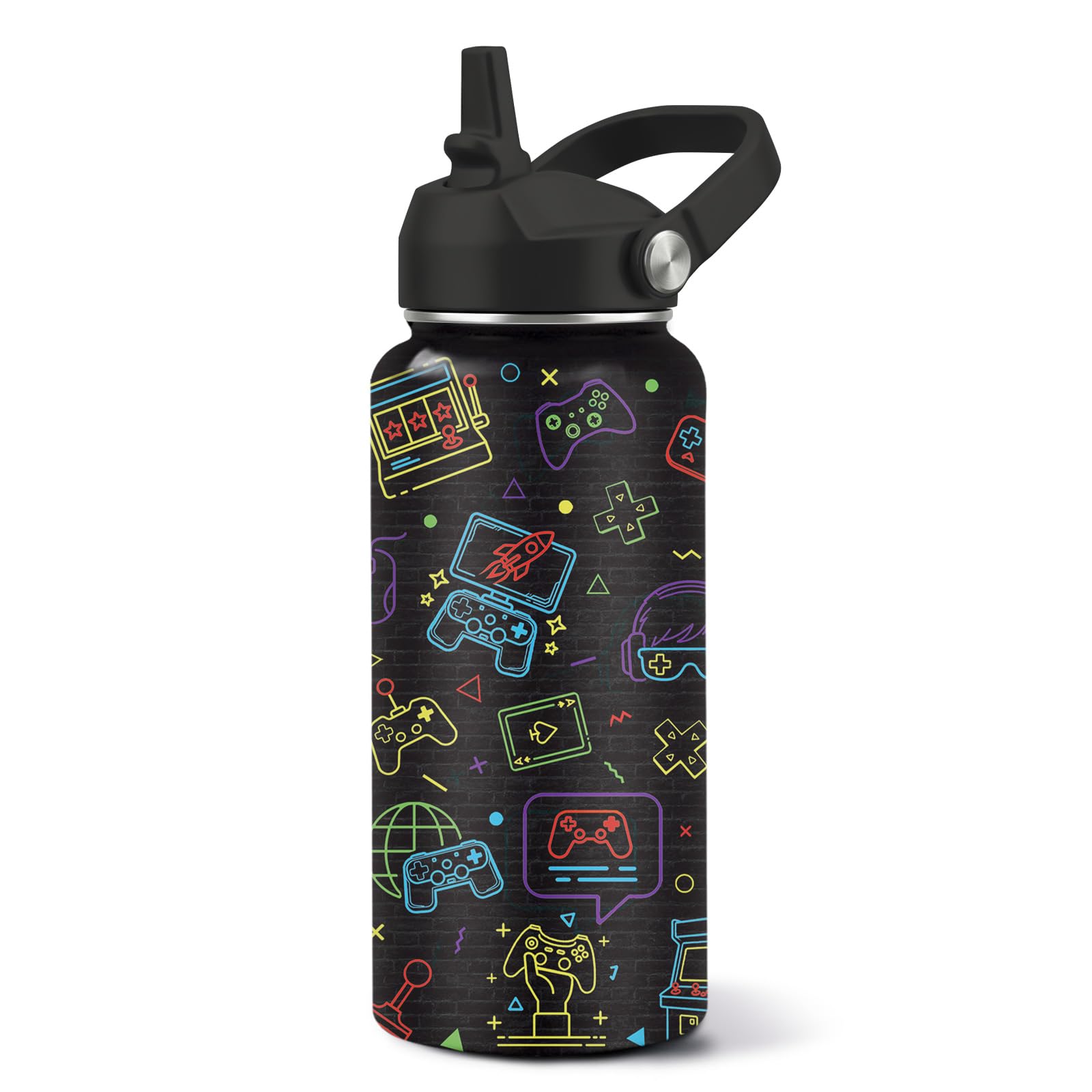 Gamer Water Bottle 32oz - Insulated Stainless Steel with Straw Leak Proof Lid - Ideal Gaming Gifts for