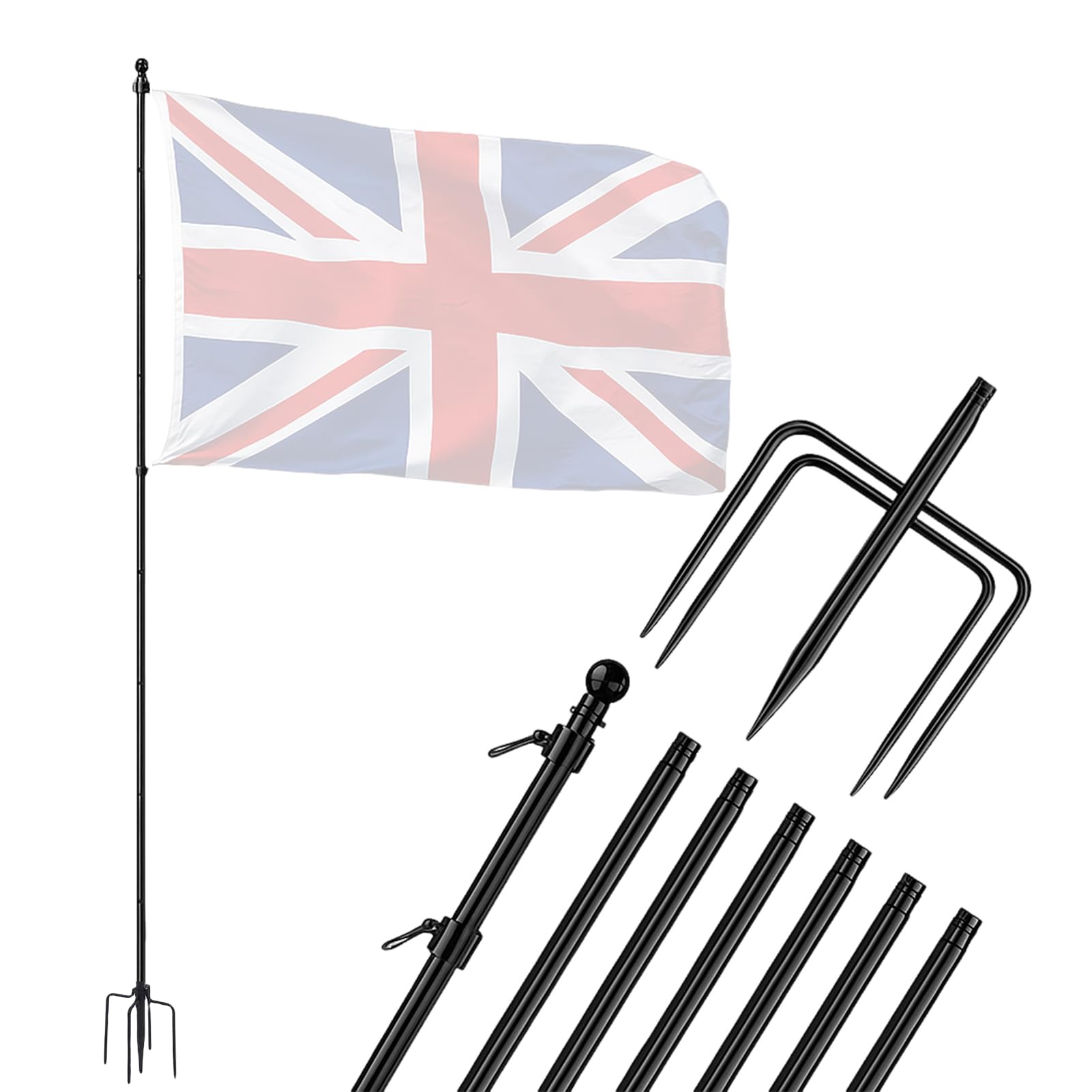 Elprico Garden Flag Pole, 10 FT Stainless Steel Outdoor Flagpole, Adjustable Garden Flag Pole Kit with 5 Prong Base for Garden and House Use