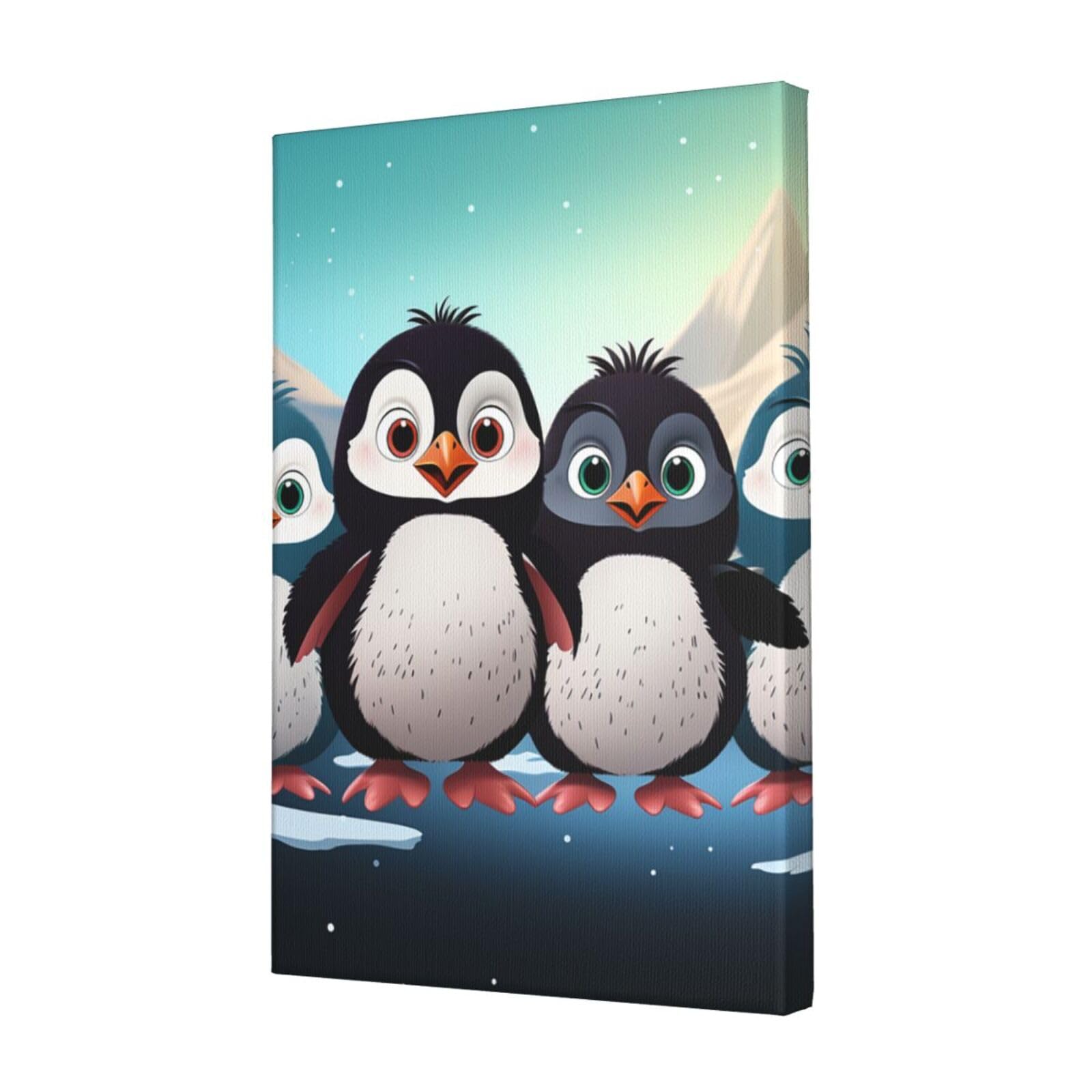 KLOPH Five cute penguins Canvas Wall Art for Living Room 12"x18" Modern Artwork Painting for Bathroom Hanging Canvas Prints Aesthetic Wallart for Bedroom Kitchen Office Wall Decor