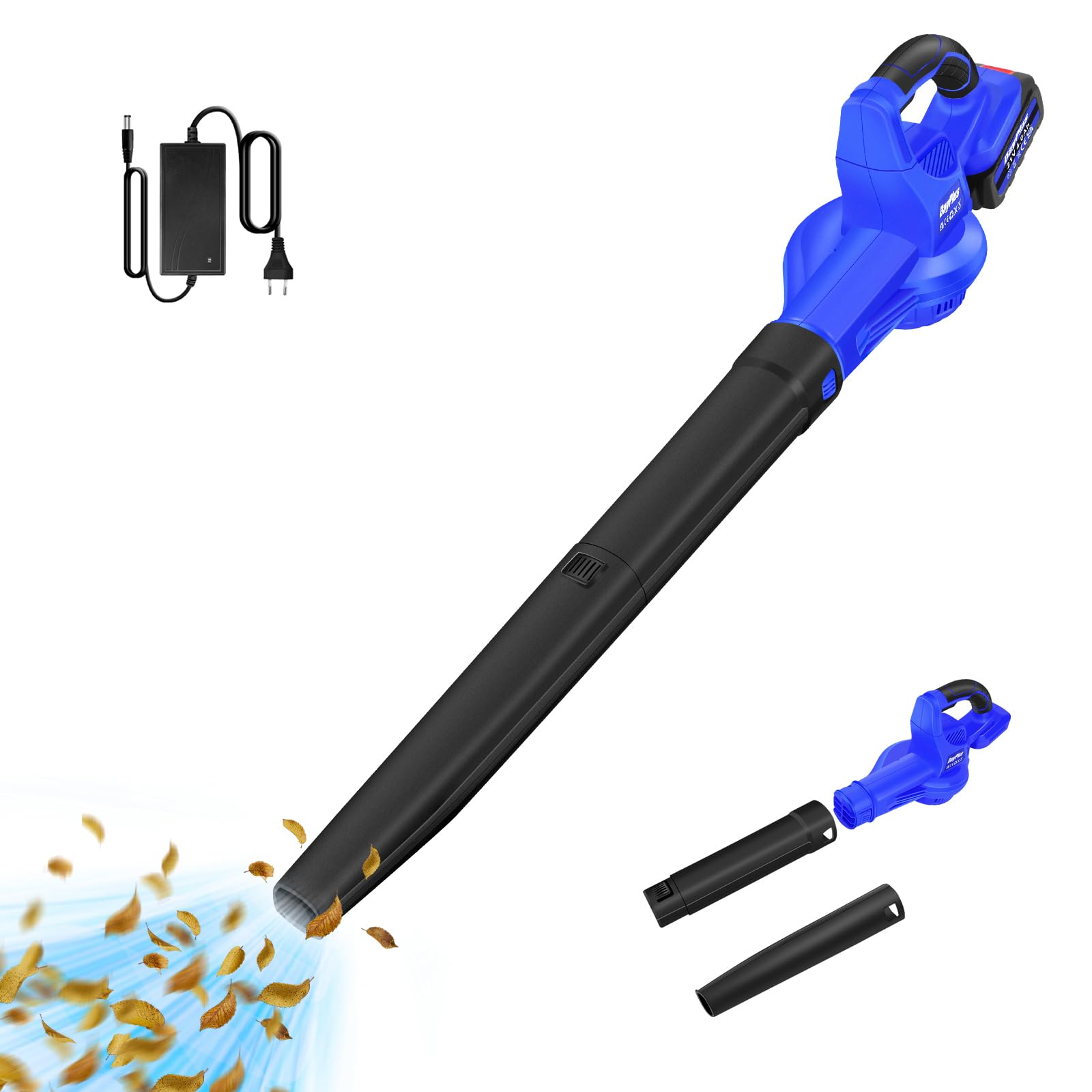 Huini Soffiatore a batteria blu, 300 W, soffiatore a mano, 220 CFM con batteria e caricatore, soffiatore elettrico per la cura del prato e della pulizia del giardino