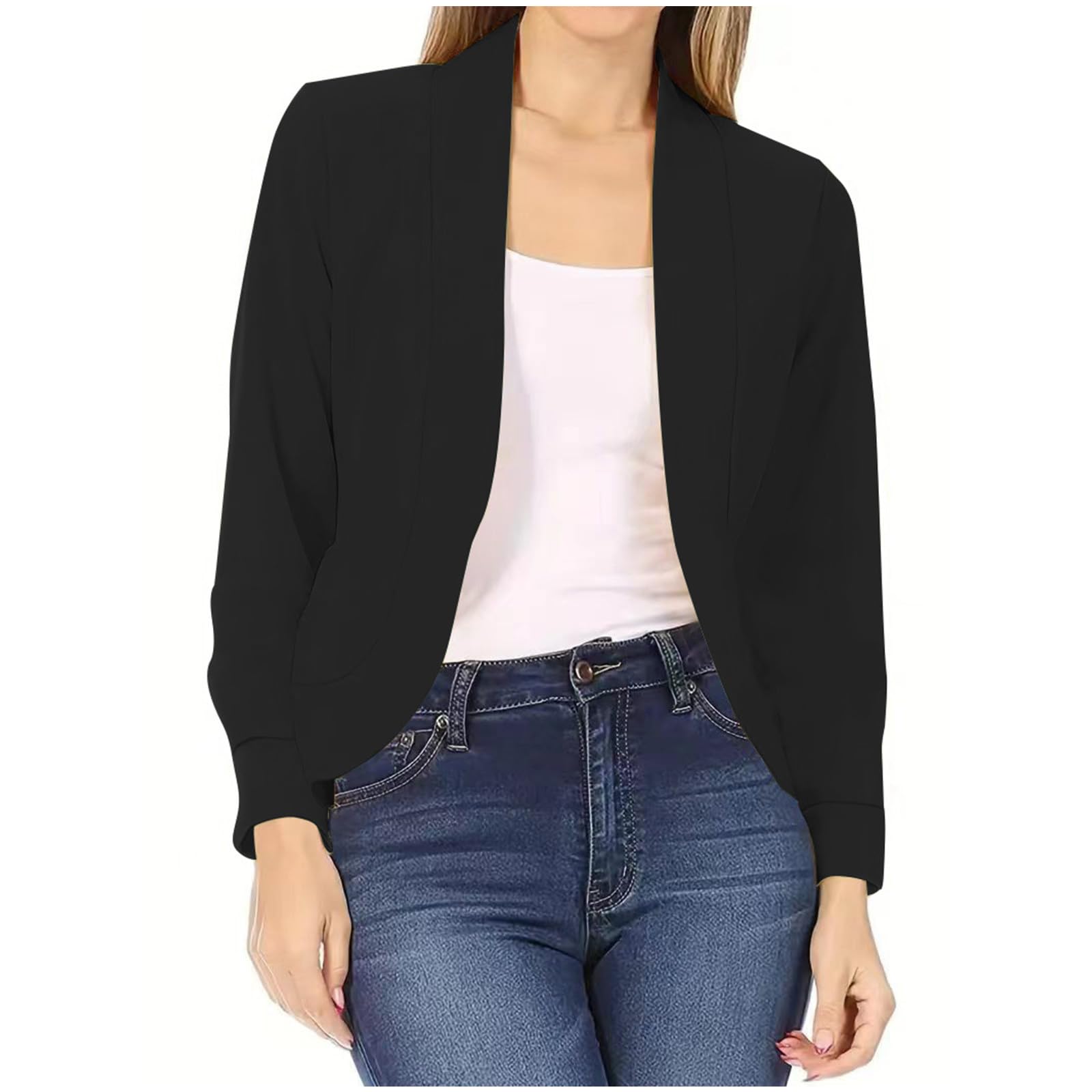 Womens Blazer Open Front Office Work Casual Lightweight Summer Crop Suit Jacket Collarless Plus Size Blazers