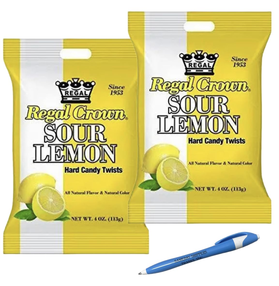 Regal Crown Sour Lemon Hard Candy Peg Bag 4 oz Each (Pack of 2) - All Natural Flavor and Natural Color,Individually Wrapped Hard Candy Twist, Plus SameDay Shippers offers Free Pen