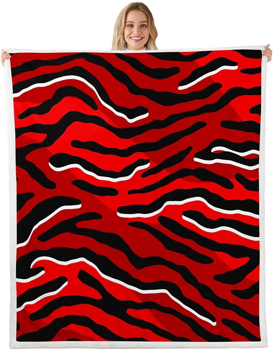 Zebra Print Throw Blanket Throw 50"X60" Red Black White Stripes Fleece Blanket Wild Animal Zebra Sherpa Blanket For Kids Boys Girls Teens Men Wildlife Skin Plush Fuzzy Blanket For Bed Sofa Couch