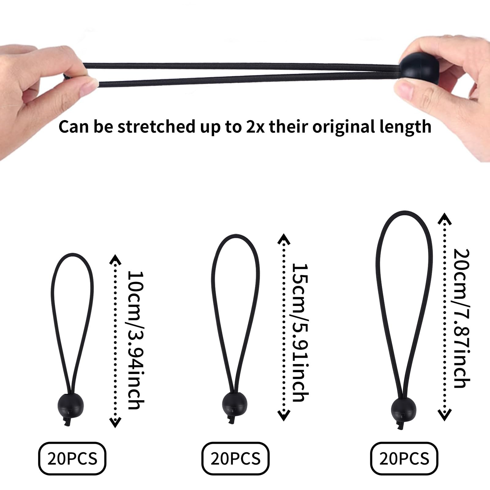 VirtuGro Bungee Cord with Balls 4/6/8 Inch 60Pcs Black Tarpaulin Bungee Balls Heavy Duty Tarp Bungees Ties Elastic Bungee Ball Cords for Tent Camping Pavilions Flag Marquee - Image 2