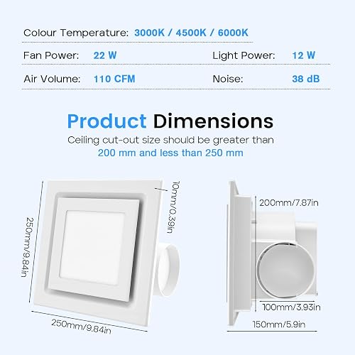 Extracteur d'Air pour Salle de Bain avec Lumière LED, 200mm Ventilateur VMC Salle de Bain Silencieux, 170m³/h, Moteur en Cuivre Pur, Montage au Plafond, 3000K-6000K de Lumière, pour Cuisine WC Garage - 4