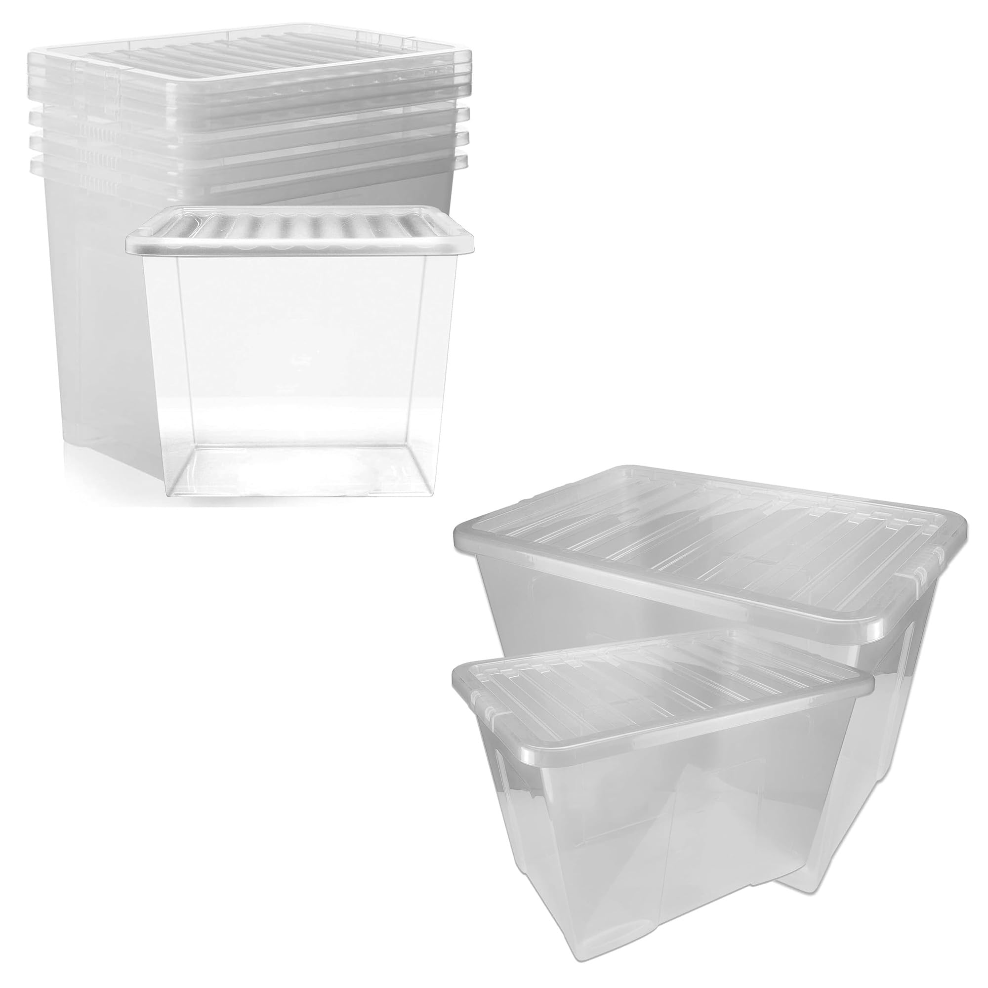 Pluto Packaging Clear Pack Of 4 See Through Strong Stackable 80 Litre Plastic Storage Container Boxes Complete With Lids