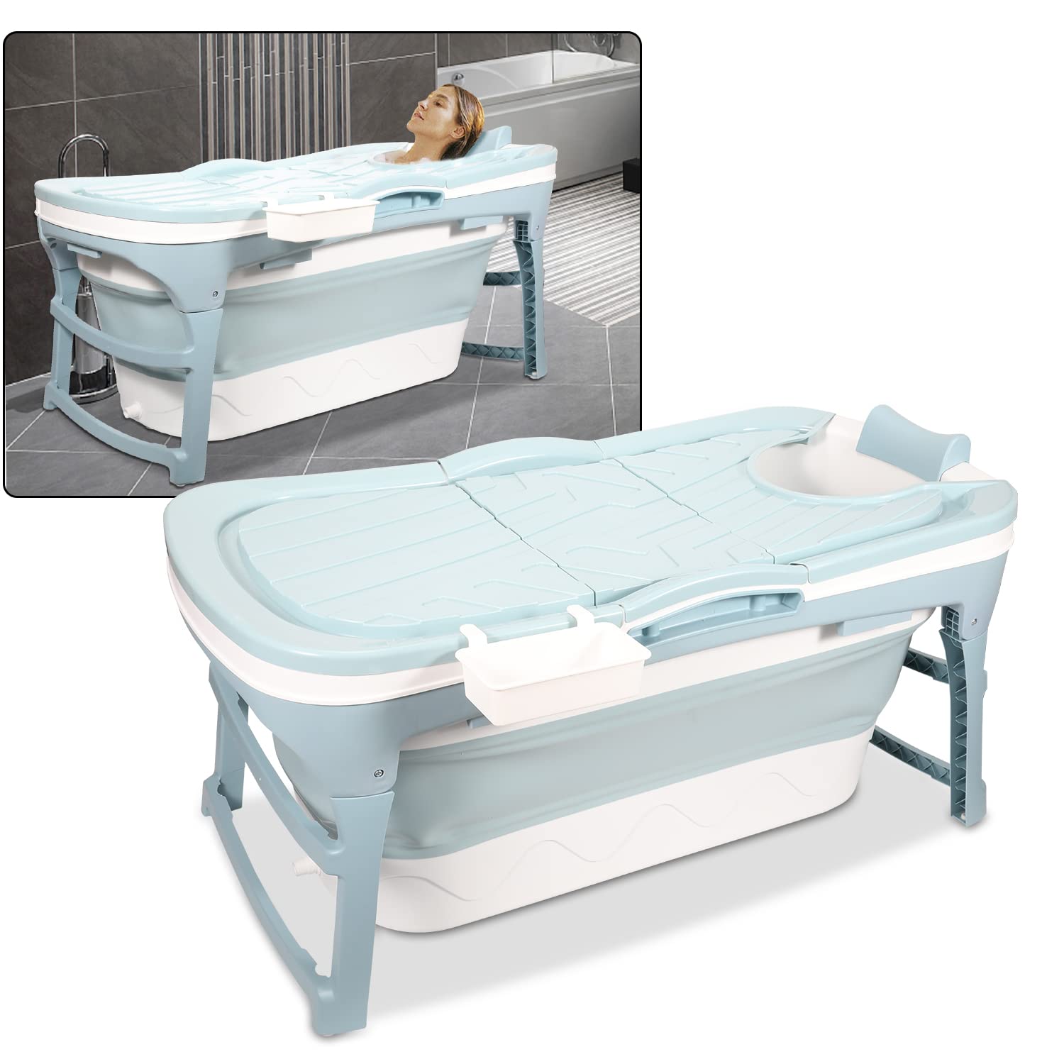 Cecaylie Vasca da bagno portatile pieghevole per adulti con coperchio e cestino per sapone per bagno e doccia, 118 x 60 x 50 cm, blu