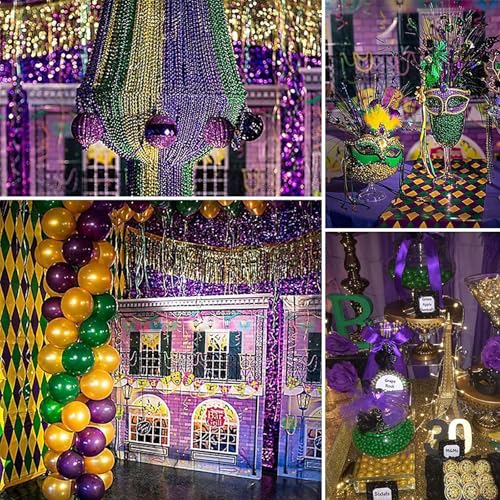 Image of PartyWoo Purple Gold and Green Balloon Arch Kit Garland 140pcs Different Sizes of 18 12 5 Inch Pearl Purple Gold Green Confetti Balloons for Mardi Gras Carnival Masquerade Birthday Party Decorations