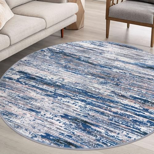 Navy Blue Gray Neutral Multi 6' Round Rug Washable Rug for Entryway Soft Non-Slip Area Rugs Modern Abstract Low-Pile Carpet, Neutral Vintage Circle Rugs for Living Room Dining Bedroom Foyer