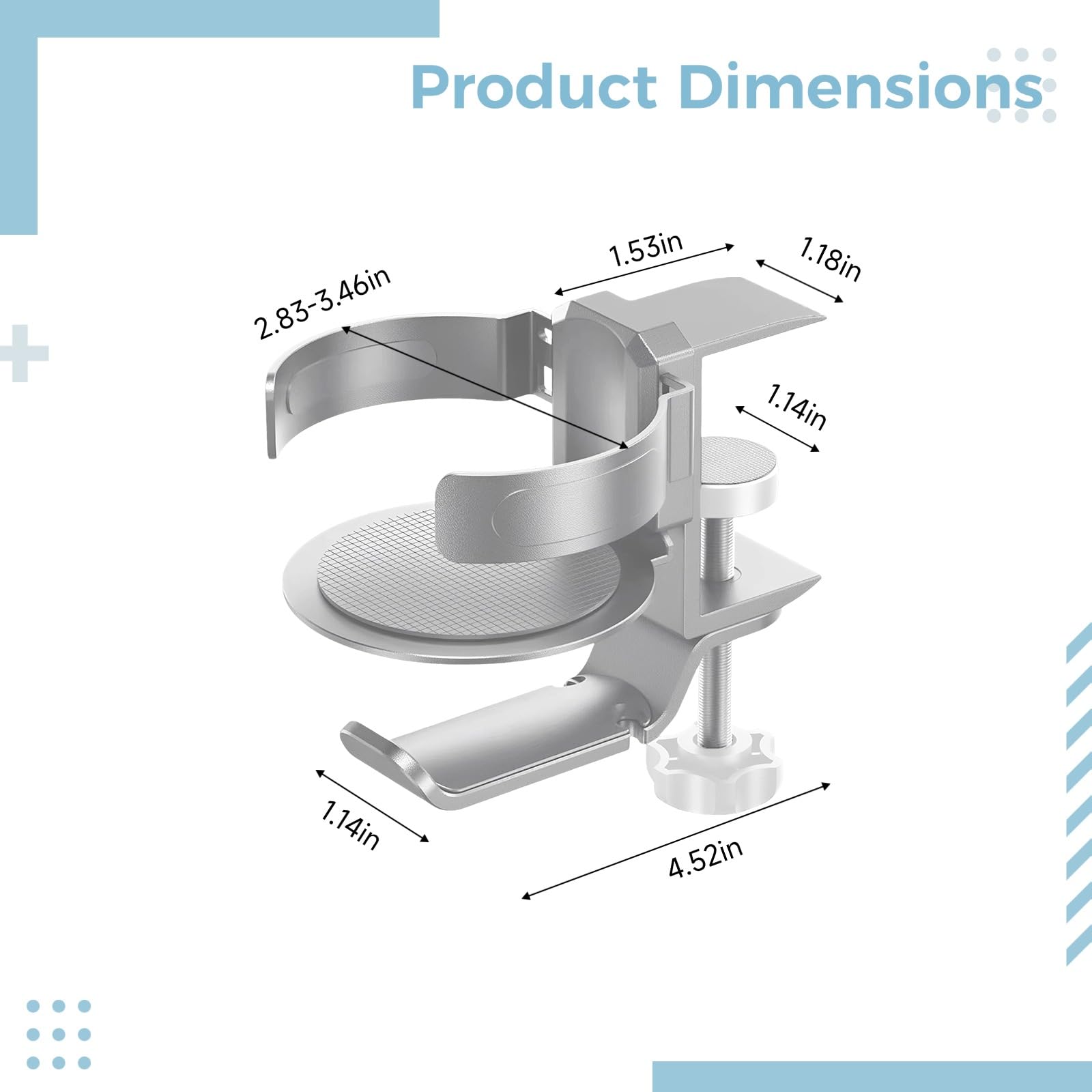 2-in-1 Tischkanten Becherhalter mit Kopfhörerständer, Silber, ABS und Aluminiumlegierung, drehbare Klemmung, Rutschfester Sockel, 11,5 cm Breite, ohne Bohren, für Stanley Cups und viele Tische