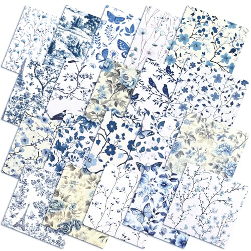 HunnmingRe 20 Pcs 10''x10'' Blue and White Floral Quilting Fabric Square Bundle Chinoiserie Precut Quiltted Fabric Floral Printed Patchwork Supplies for Handmade Patchwork DIY Sewing Material Craft