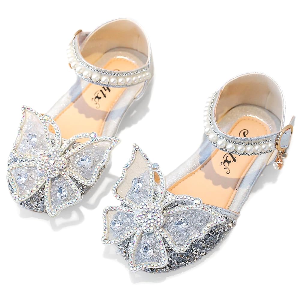 Mädchen Mary Jane Glitzer Prinzessin Schuhe Karneval Party Hochzeit Kinder Party Halbschuhe Flache Schuhe für Weihnachten Geburtstag Schulschuh Silber EU33