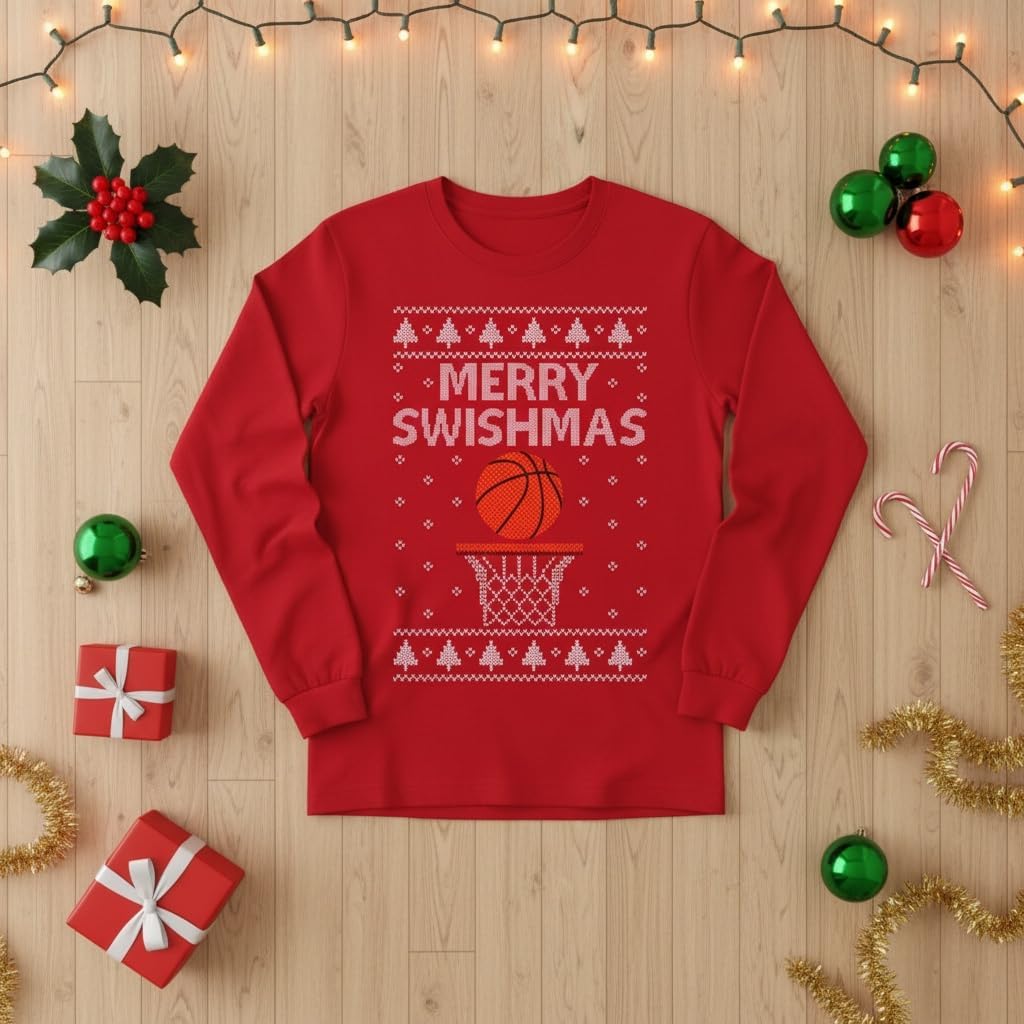 Tstars Merry Swishmas Basketball Shirt - Funny Ugly Christmas Sweater Style Long Sleeve Holiday Pullover for Men
