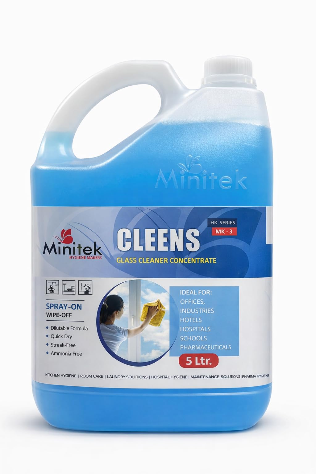 Minitek Hygiene Maker Cleens Glass Cleaner | Concentrated Streakfree Formula | Removes Dust Dirt And Smudges | Fresh Fragrance Window And Mirror Cleaning | 5 Litre Concentrate-picture-11
