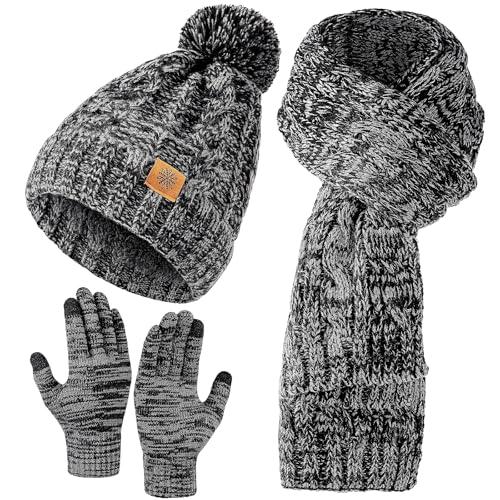 Womens Winter Beanie Hat Scarf Gloves Set, Pom Beanie Warm Knit Scarf Touchscreen Gloves for Cold Weather