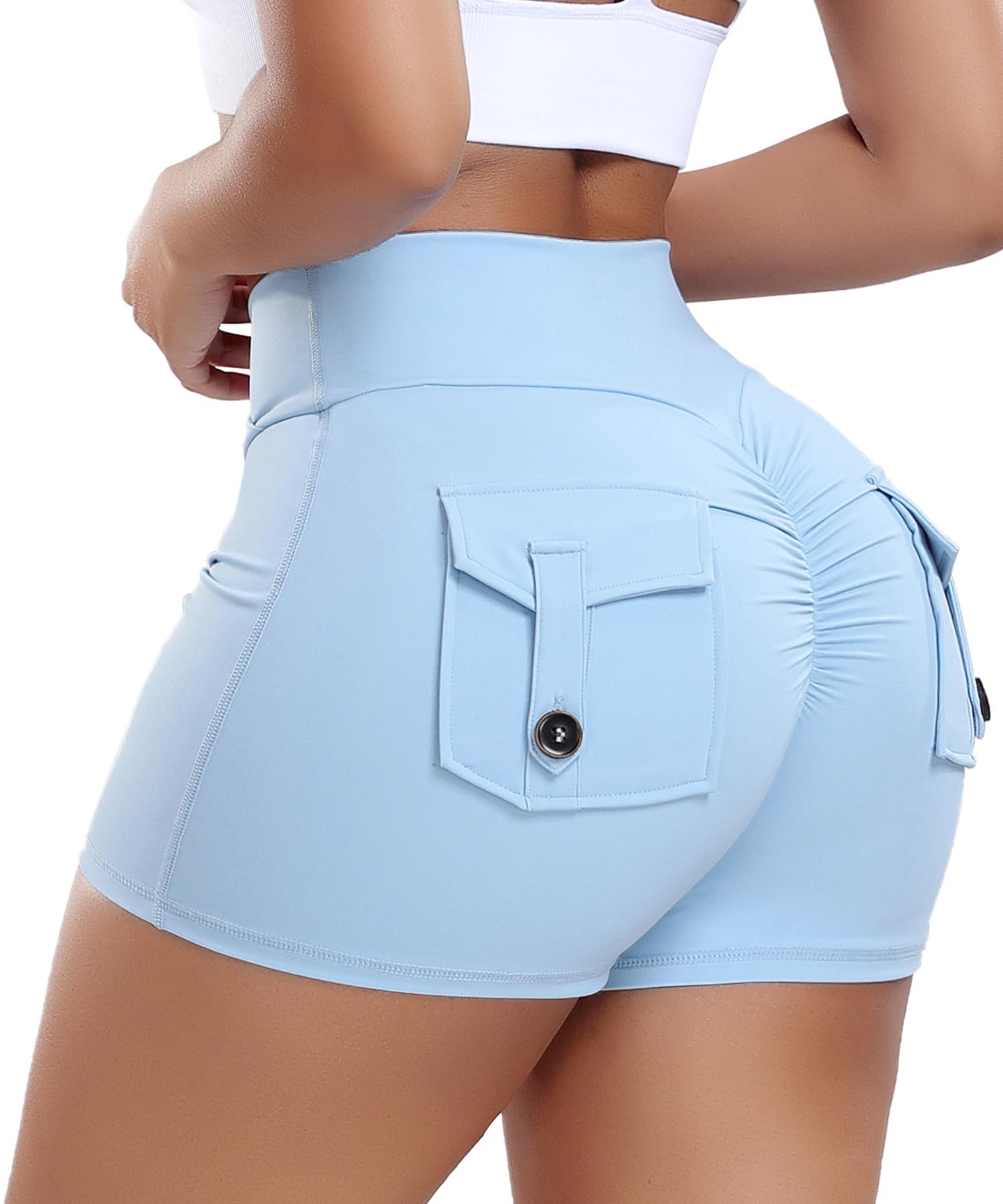 FITTOO Scrunch Butt Lifting Shorts for Women with Pocket V Criss Cross Waist High Waisted Booty Lift Crossover Yoga Workout Gym Shorts (Sky Blue, Small)