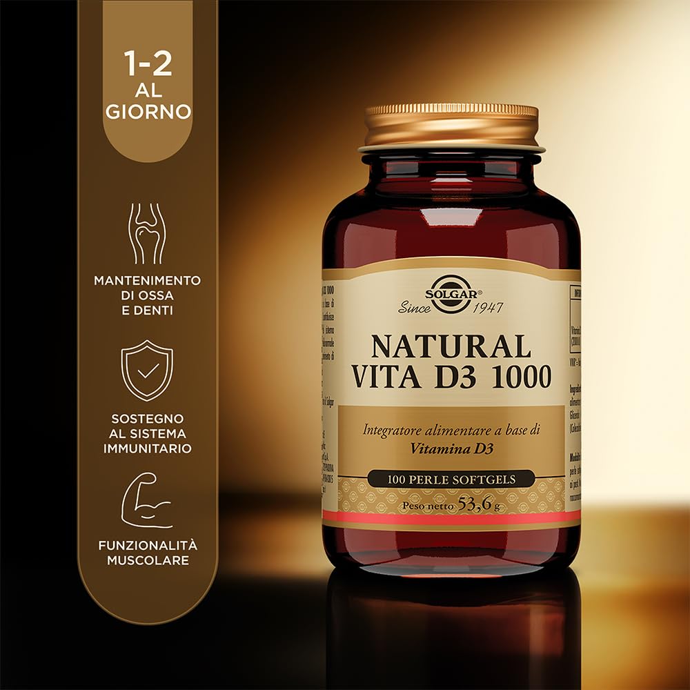 Solgar NATURAL VITA D3 1000 – Vitamina D3 naturale da olio di fegato di pesce, 1000 UI, 100 perle softgel