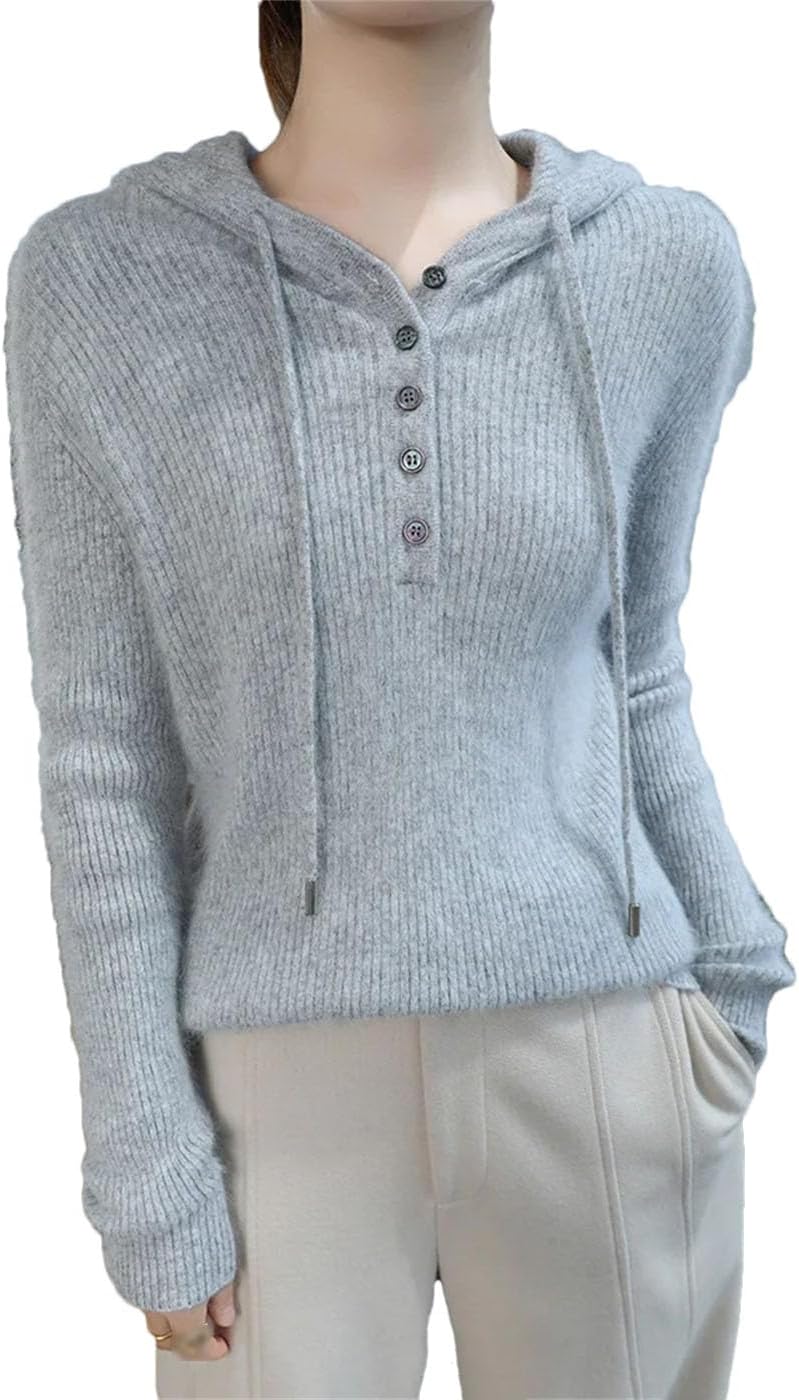 Women's 100% Mink Cashmere Sweater Long Sleeve Buttons Drawstring Hooded Pullover Soft Warm Sweatshirt