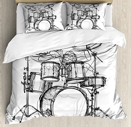 Ambesonne Rock Music Duvet Cover Set, Doodle Drawing Sketch Style Drummer Musical Inspirations Monochrome Arrangement, Decorative 3 Piece Bedding Set with 2 Pillow Shams, Queen Size, White Black