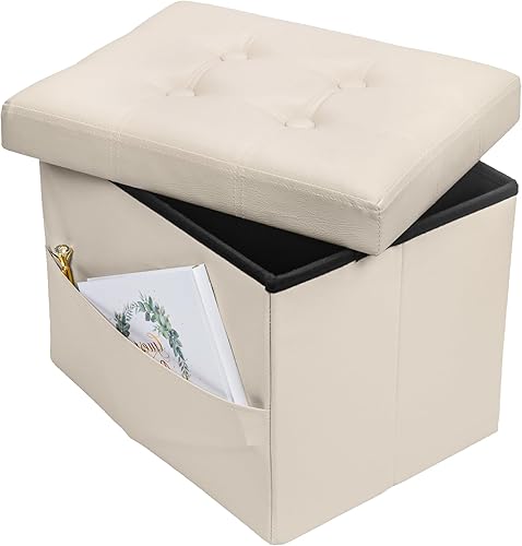 Miniatura 7 de Bsketa Otomana plegable de almacenamiento, taburete de pie con asiento acolchado de espuma más gruesa, banco otomano de almacenamiento de cuero,