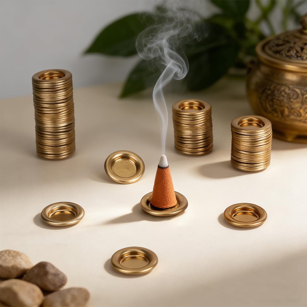 BENECREAT 80 Pcs Incense Cone Holder, 1.14 Inch Small Tinplate Incense Burner Holder, Flat Round Incense Cone Tray for Meditation Yoga Spa Room Decor, Golden