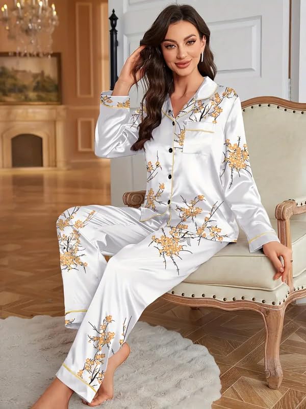 Image of Night Suit for Women with Full Sleeve Button-Down Top with Pant Dress for Woman,Night Dress for Woman, Two-Piece Loungewear Set