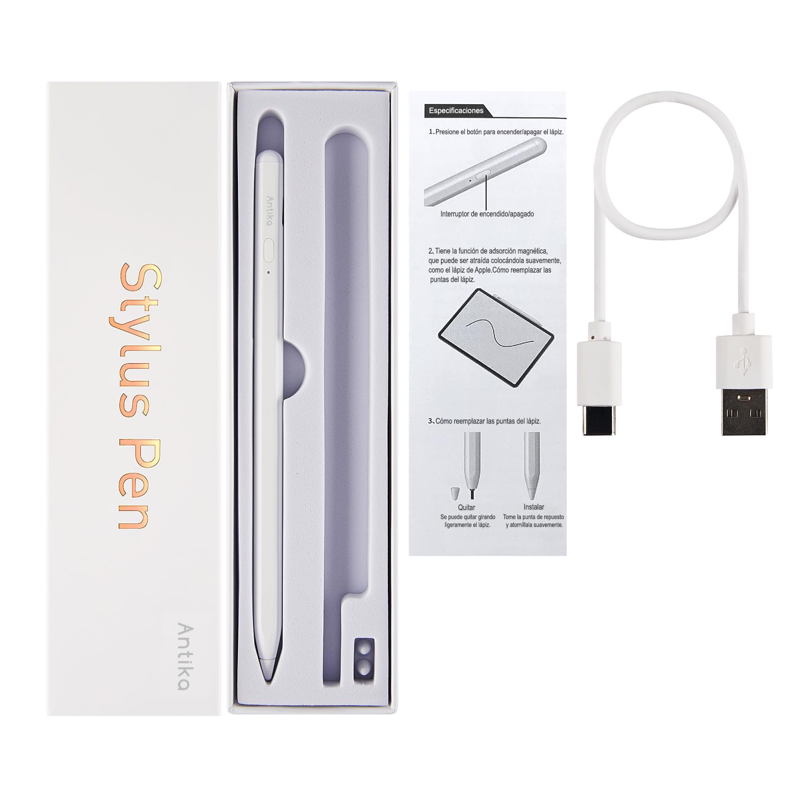 Stylus Pen, Active Stylus Pen Compatible para iOS y Android teléfonos, lápiz óptico Recargable con Pantalla táctil Dual, para Apple/Samsung Tablet, Blanco