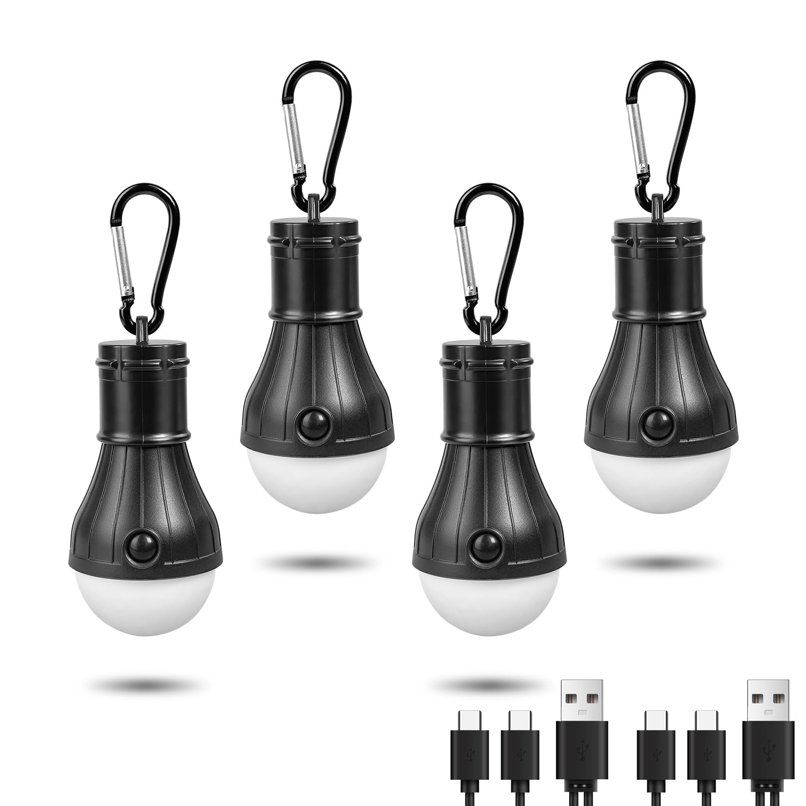 Jarxin Led Camping Lantern USB Rechargeable,Outdoor Tent Lights for Camping Hanging,Kids with Clip Hook Camping Flashlight (4 Packs Black)